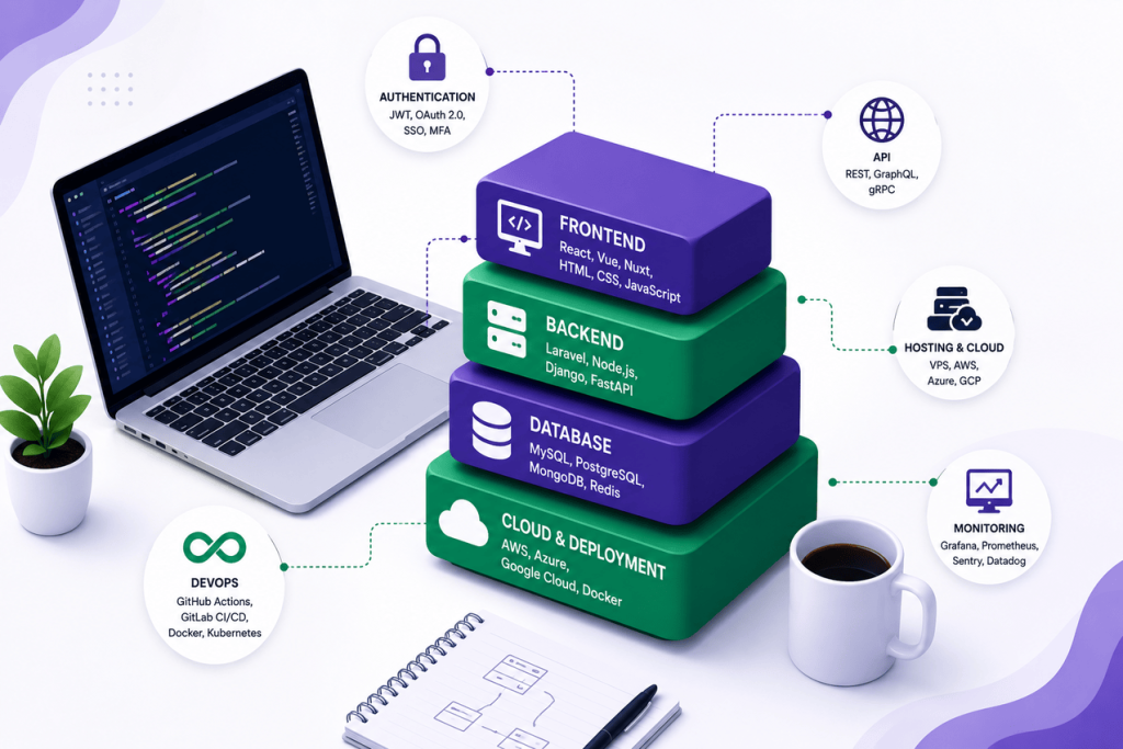 Illustration of a modern technology stack with frontend, backend, database, cloud, and DevOps layers.