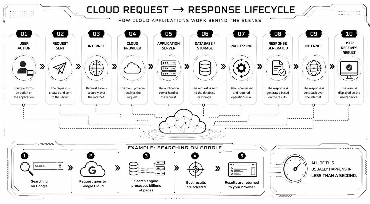 Cloud Request Response Lifecycle Diagram Cloud request and response lifecycle diagram showing how user requests travel through the internet, cloud provider, application server, database, processing, and back to the user.