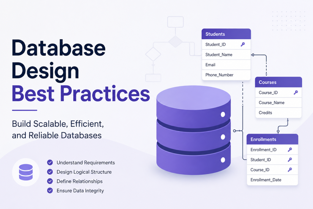 Database design best practices showing tables, relationships, primary keys, and scalable database architecture.