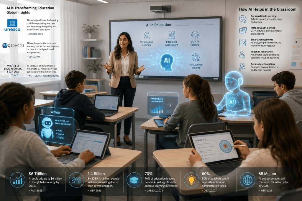 Students learning in a modern AI-powered classroom with an intelligent virtual assistant helping personalize education.
