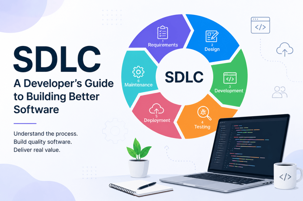 Software Development Life Cycle (SDLC) workflow showing planning, design, development, testing, deployment, and maintenance