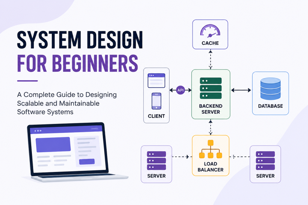 System Design for Beginners illustration showing client, backend server, database, APIs, cache, and load balancer architecture.