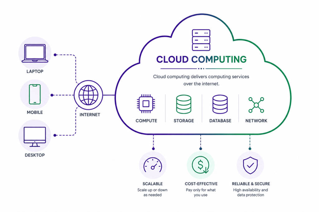 Cloud computing overview showing users connecting to cloud servers over the internet