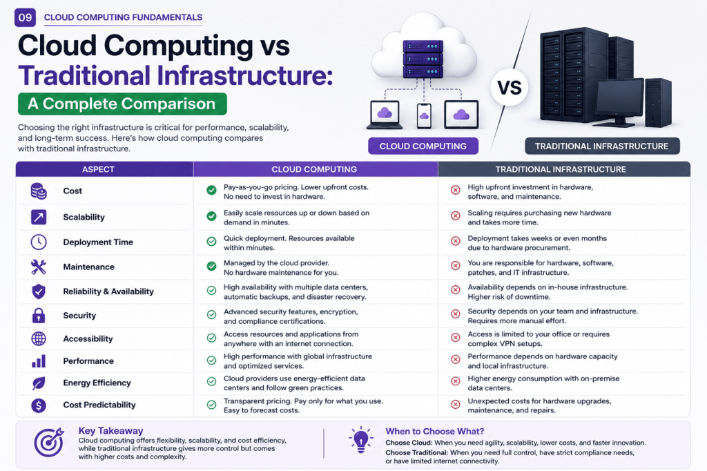 Cloud Computing vs Traditional Infrastructure comparison showing differences in cost, scalability, maintenance, security, deployment speed, availability, and resource management.