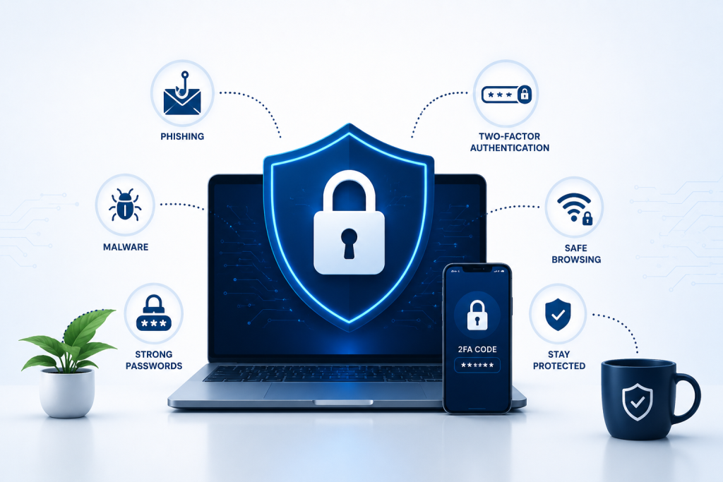 Cyber security fundamentals illustration showing digital protection, secure network, password security, phishing prevention, and online safety