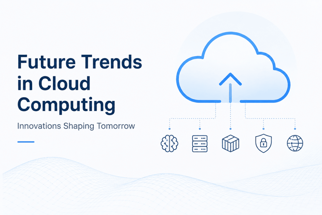 Illustration showing the future of cloud computing with AI, cloud infrastructure, containers, Kubernetes, security, and global networking technologies.