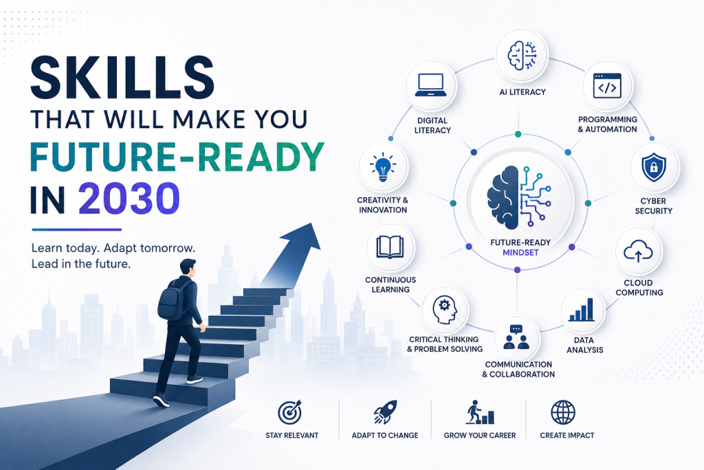 Future-ready skills for 2030 including Artificial Intelligence, programming, cloud computing, cyber security, data analysis, communication, critical thinking, and lifelong learning.