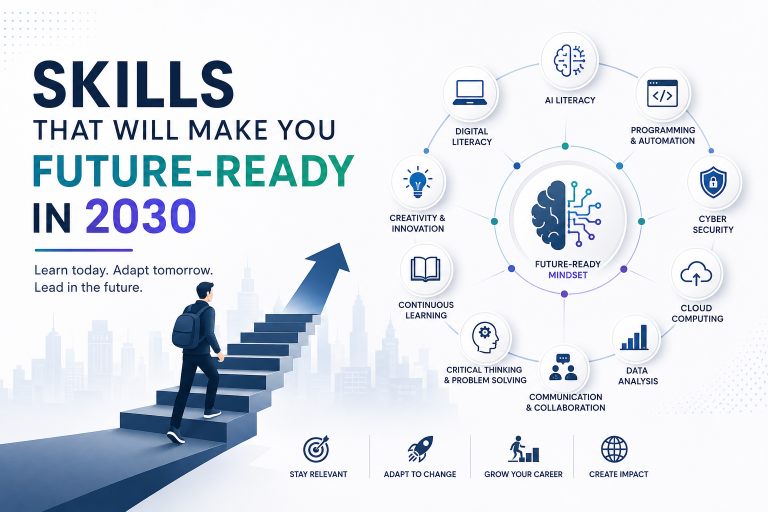 Future-ready skills for 2030 including Artificial Intelligence, programming, cloud computing, cyber security, data analysis, communication, critical thinking, and lifelong learning.